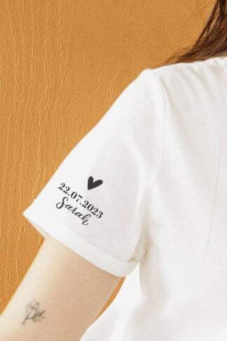 Personalisierte T-Shirts mit Details am Ärmel Junggesellenabschied, T-Shirts Poltern handbeschrieben, Braut & Team Braut Shirts