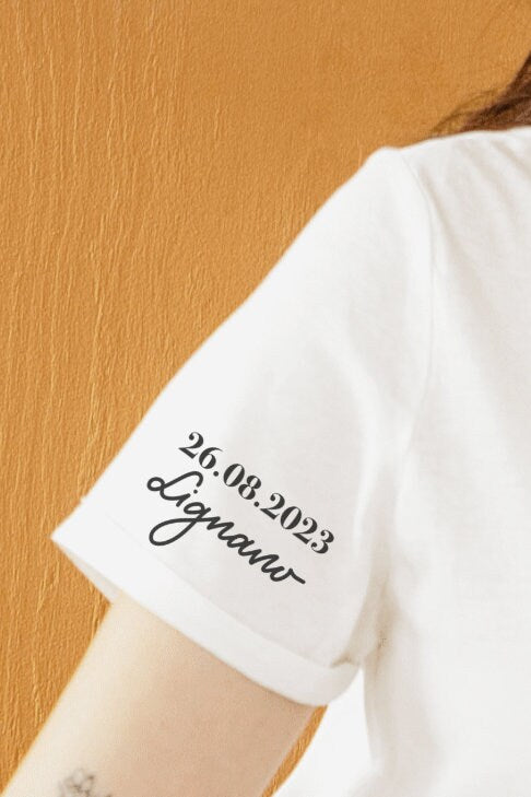 JGA T-Shirts mit Detail am Ärmel personalisiert, T-Shirts Poltern handbeschrieben, Braut & Team Braut Shirts
